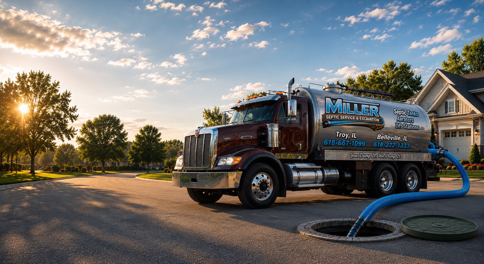 Miller Septic & Excavation vacuum truck lettered for Troy and Belleville, pumping a residential septic tank on a sunny day